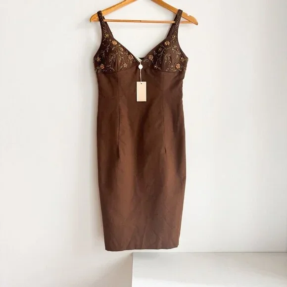 Michale Kors Made in Italy 2006 Raw Silk Beaded embroidered Bodycon Dress 8 - Picture 2 of 12